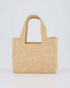 Loewe x Paula's Ibiza Beige Mini Raffia Logo Tote Bag with Pink Flower Detail
