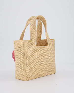 Loewe x Paula's Ibiza Beige Mini Raffia Logo Tote Bag with Pink Flower Detail