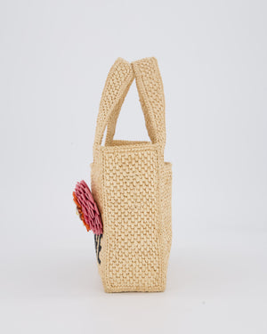 Loewe x Paula's Ibiza Beige Mini Raffia Logo Tote Bag with Pink Flower Detail