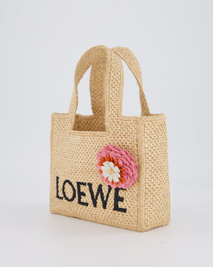 Loewe x Paula's Ibiza Beige Mini Raffia Logo Tote Bag with Pink Flower Detail