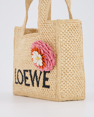 Loewe x Paula's Ibiza Beige Mini Raffia Logo Tote Bag with Pink Flower Detail
