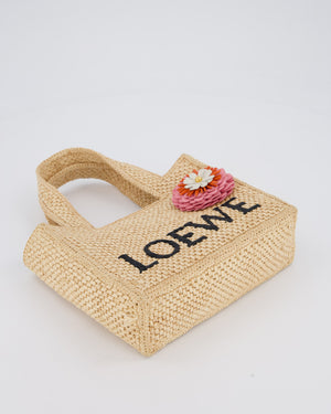 Loewe x Paula's Ibiza Beige Mini Raffia Logo Tote Bag with Pink Flower Detail