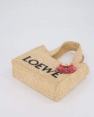 Loewe x Paula's Ibiza Beige Mini Raffia Logo Tote Bag with Pink Flower Detail