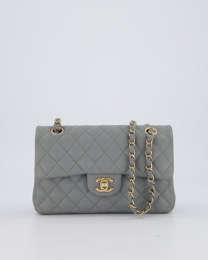 Chanel Grey Small Classic Double Flap Bag in Caviar Leather with Champagne Gold Hardware