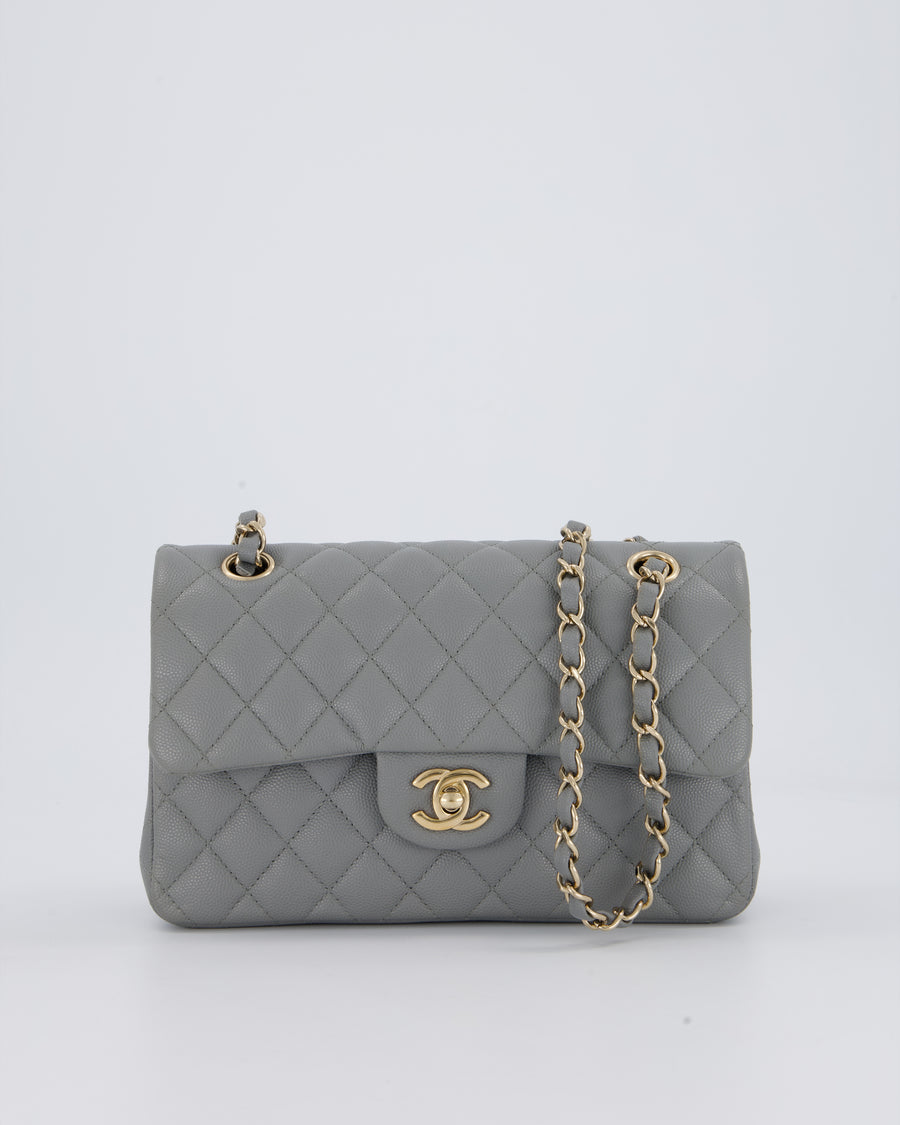 Chanel Grey Small Classic Double Flap Bag in Caviar Leather with Champagne Gold Hardware
