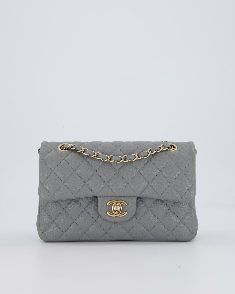 Chanel Grey Small Classic Double Flap Bag in Caviar Leather with Champagne Gold Hardware