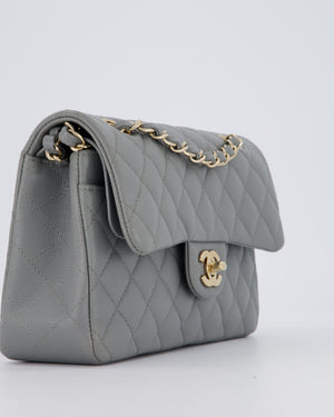 Chanel Grey Small Classic Double Flap Bag in Caviar Leather with Champagne Gold Hardware