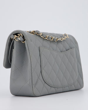 Chanel Grey Small Classic Double Flap Bag in Caviar Leather with Champagne Gold Hardware