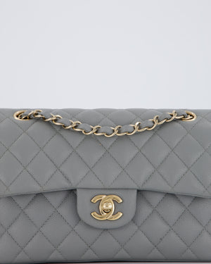 Chanel Grey Small Classic Double Flap Bag in Caviar Leather with Champagne Gold Hardware