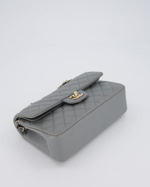 Chanel Grey Small Classic Double Flap Bag in Caviar Leather with Champagne Gold Hardware