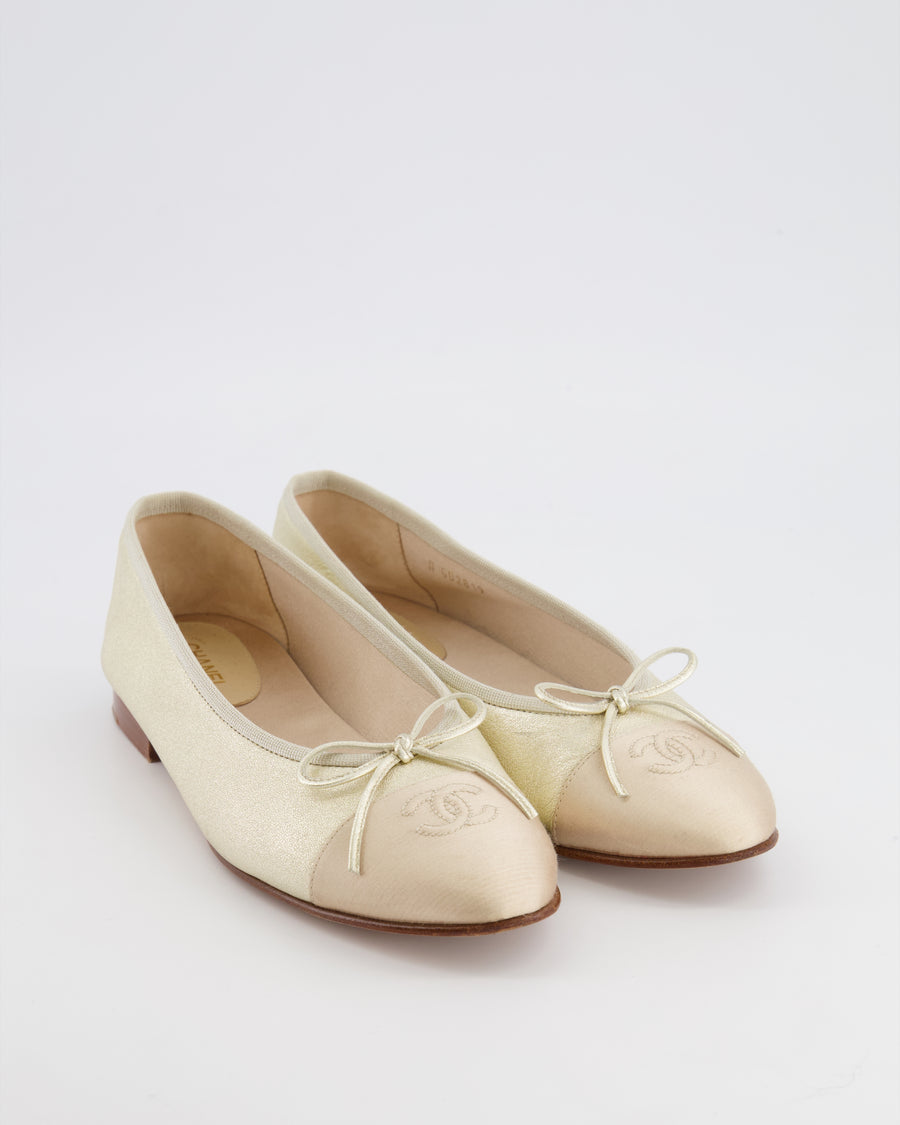 Chanel Gold Metallic Leather Ballet Flats with Silk Cap Toe and CC Logo Size EU 39C