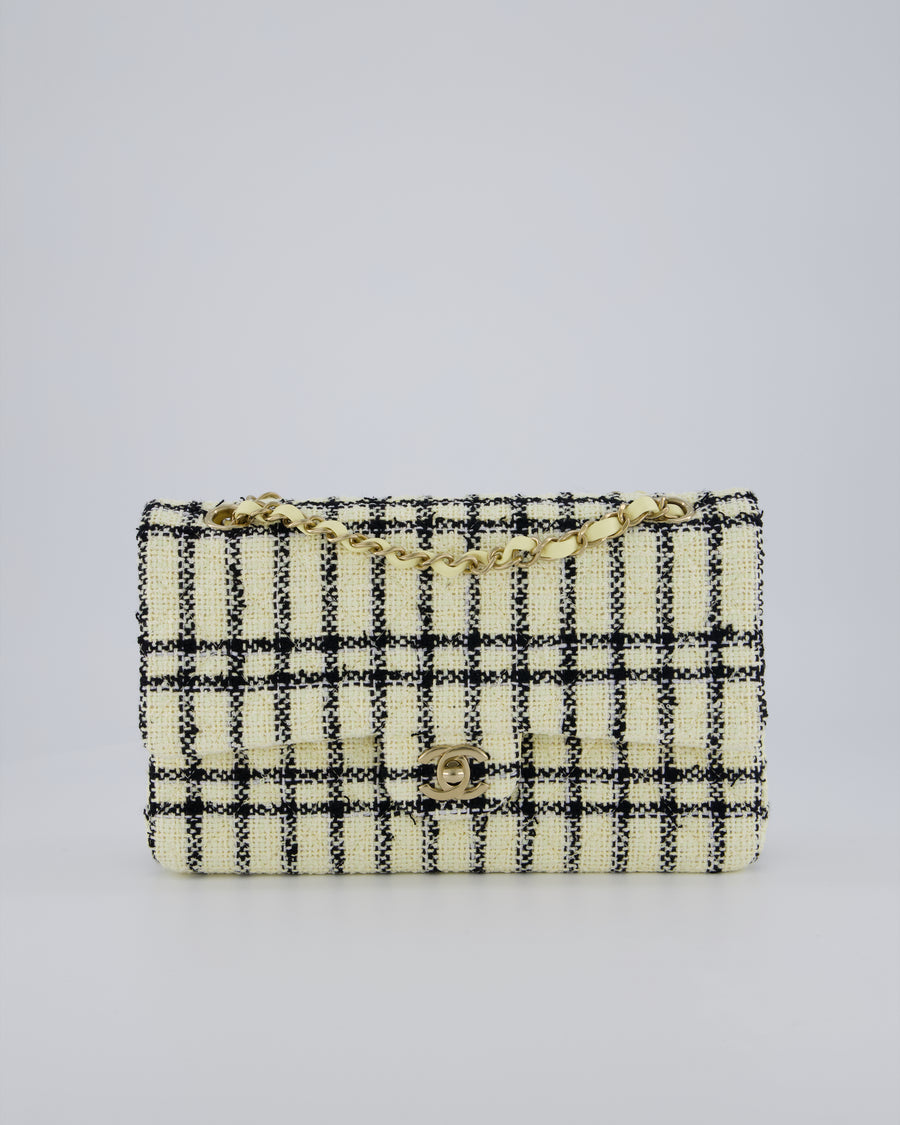 Chanel Pastel Yellow, Black Check Tweed Medium Classic Double Flap Bag with Champagne Gold Hardware