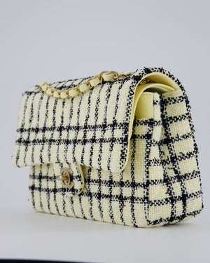 Chanel Pastel Yellow, Black Check Tweed Medium Classic Double Flap Bag with Champagne Gold Hardware