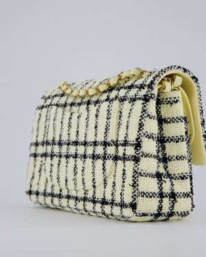 Chanel Pastel Yellow, Black Check Tweed Medium Classic Double Flap Bag with Champagne Gold Hardware
