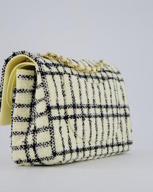 Chanel Pastel Yellow, Black Check Tweed Medium Classic Double Flap Bag with Champagne Gold Hardware