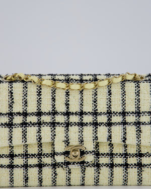 Chanel Pastel Yellow, Black Check Tweed Medium Classic Double Flap Bag with Champagne Gold Hardware