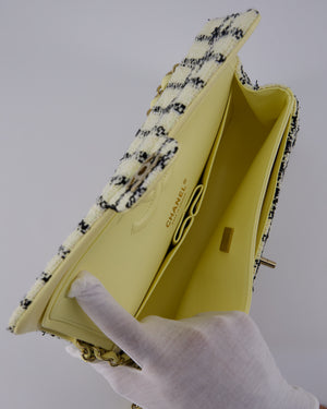 Chanel Pastel Yellow, Black Check Tweed Medium Classic Double Flap Bag with Champagne Gold Hardware