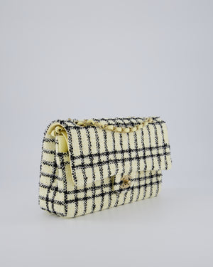 Chanel Pastel Yellow, Black Check Tweed Medium Classic Double Flap Bag with Champagne Gold Hardware