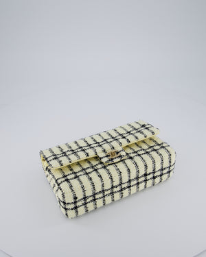 Chanel Pastel Yellow, Black Check Tweed Medium Classic Double Flap Bag with Champagne Gold Hardware