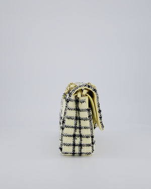 Chanel Pastel Yellow, Black Check Tweed Medium Classic Double Flap Bag with Champagne Gold Hardware