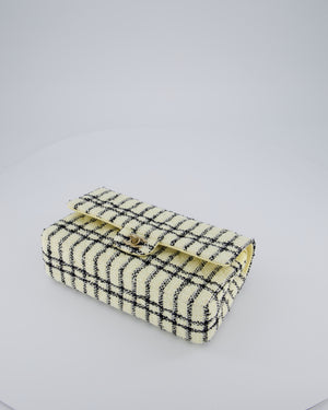 Chanel Pastel Yellow, Black Check Tweed Medium Classic Double Flap Bag with Champagne Gold Hardware