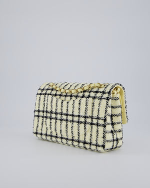 Chanel Pastel Yellow, Black Check Tweed Medium Classic Double Flap Bag with Champagne Gold Hardware