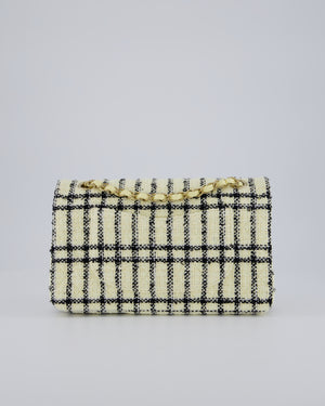Chanel Pastel Yellow, Black Check Tweed Medium Classic Double Flap Bag with Champagne Gold Hardware