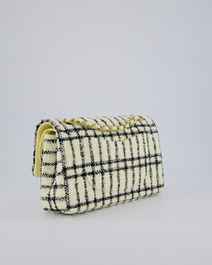 Chanel Pastel Yellow, Black Check Tweed Medium Classic Double Flap Bag with Champagne Gold Hardware