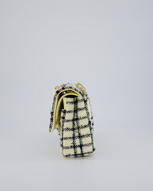 Chanel Pastel Yellow, Black Check Tweed Medium Classic Double Flap Bag with Champagne Gold Hardware