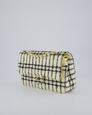 Chanel Pastel Yellow, Black Check Tweed Medium Classic Double Flap Bag with Champagne Gold Hardware
