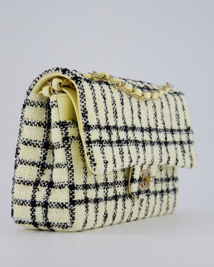 Chanel Pastel Yellow, Black Check Tweed Medium Classic Double Flap Bag with Champagne Gold Hardware