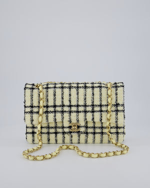 Chanel Pastel Yellow, Black Check Tweed Medium Classic Double Flap Bag with Champagne Gold Hardware