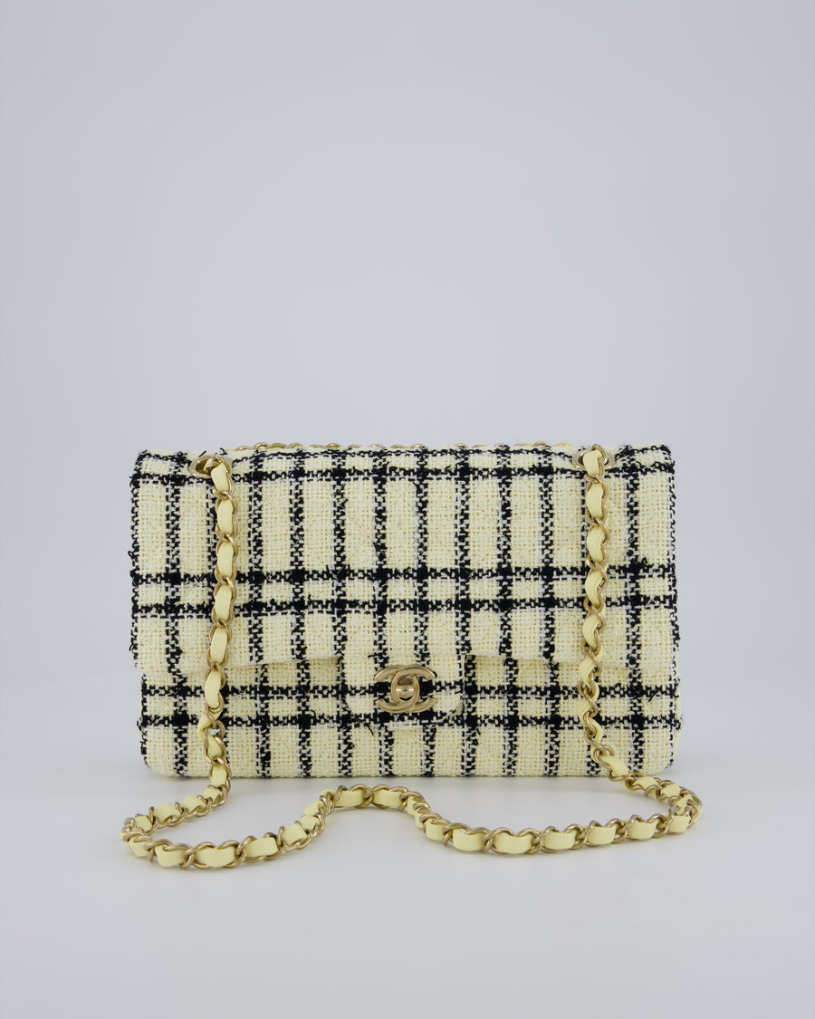 Chanel Pastel Yellow, Black Check Tweed Medium Classic Double Flap Bag with Champagne Gold Hardware