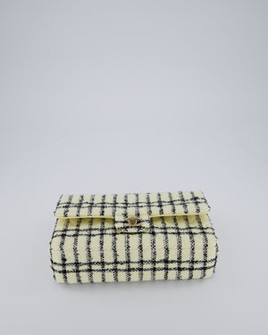 Chanel Pastel Yellow, Black Check Tweed Medium Classic Double Flap Bag with Champagne Gold Hardware