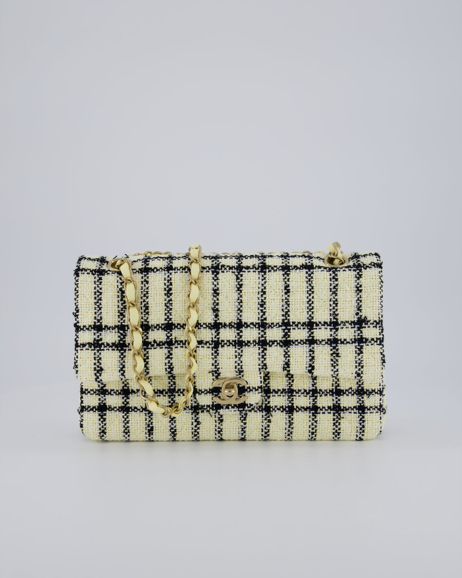 Chanel Pastel Yellow, Black Check Tweed Medium Classic Double Flap Bag with Champagne Gold Hardware