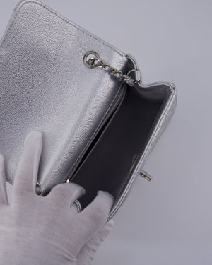 Chanel Silver CC Coco Crush Mini Square Bag in Caviar Leather with Silver Hardware