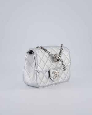 Chanel Silver CC Coco Crush Mini Square Bag in Caviar Leather with Silver Hardware