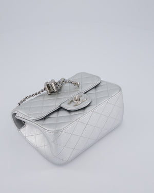 Chanel Silver CC Coco Crush Mini Square Bag in Caviar Leather with Silver Hardware
