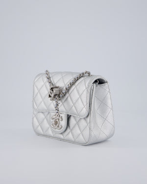 Chanel Silver CC Coco Crush Mini Square Bag in Caviar Leather with Silver Hardware