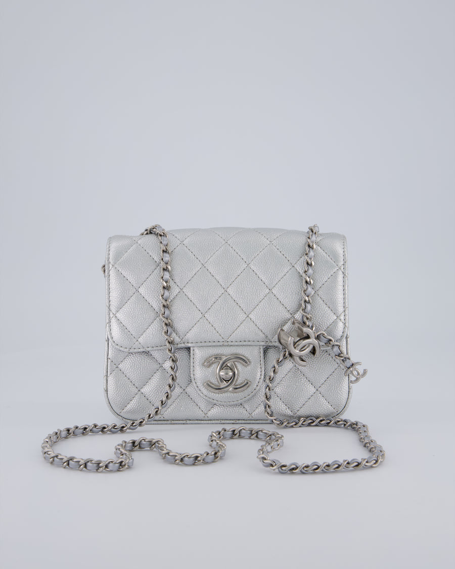 Chanel Silver CC Coco Crush Mini Square Bag in Caviar Leather with Silver Hardware
