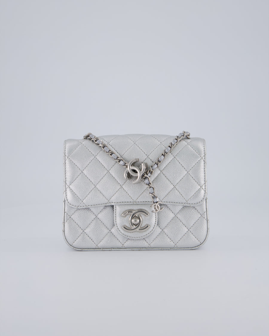 Chanel Silver CC Coco Crush Mini Square Bag in Caviar Leather with Silver Hardware