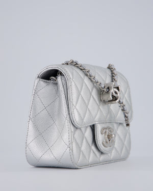 Chanel Silver CC Coco Crush Mini Square Bag in Caviar Leather with Silver Hardware
