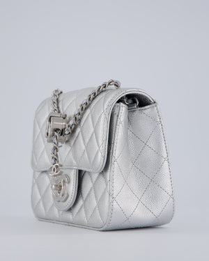 Chanel Silver CC Coco Crush Mini Square Bag in Caviar Leather with Silver Hardware