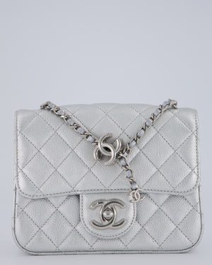 Chanel Silver CC Coco Crush Mini Square Bag in Caviar Leather with Silver Hardware
