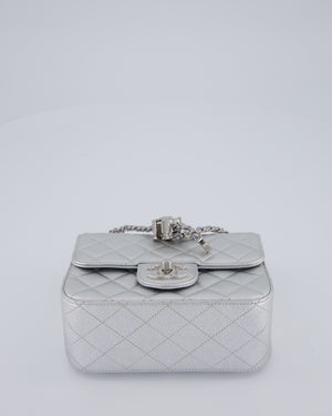 Chanel Silver CC Coco Crush Mini Square Bag in Caviar Leather with Silver Hardware