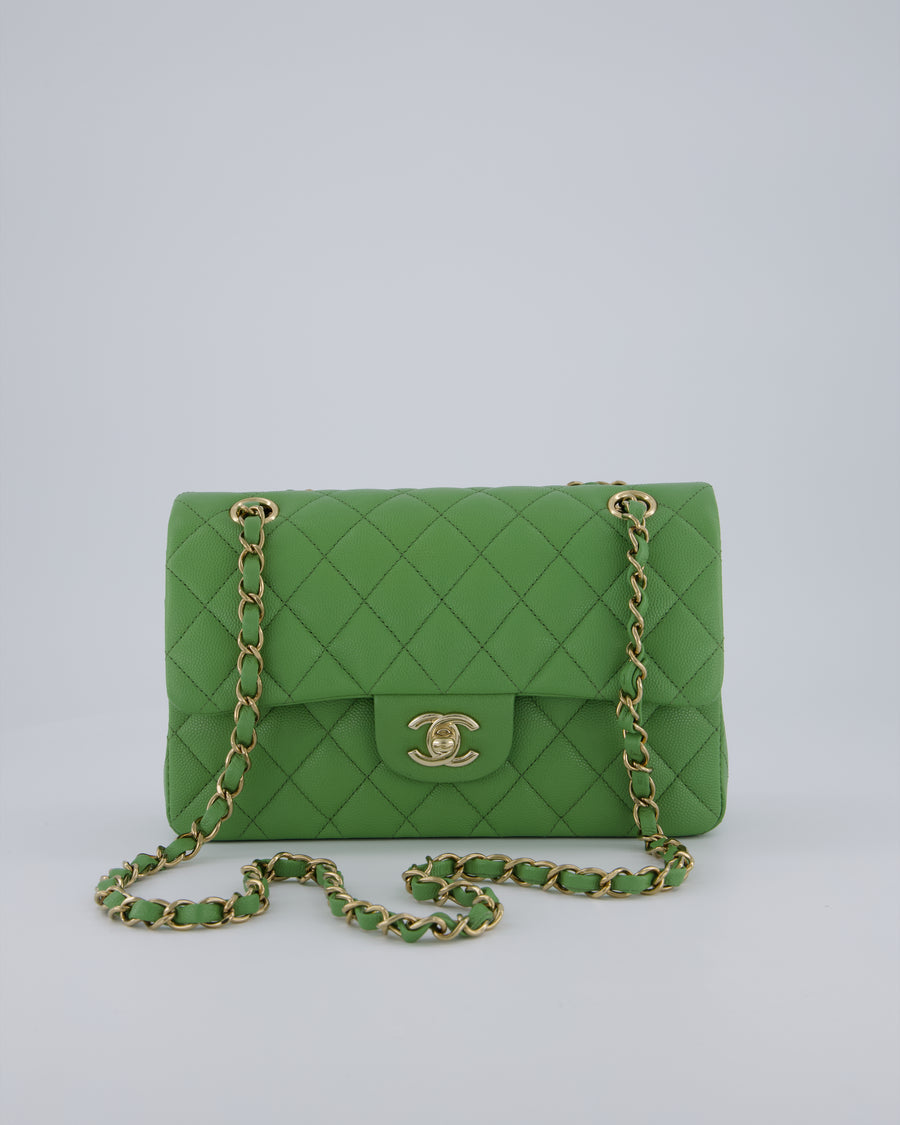 Chanel Apple Green Small Classic Double Flap Bag in Caviar Leather with Champagne Gold Hardware