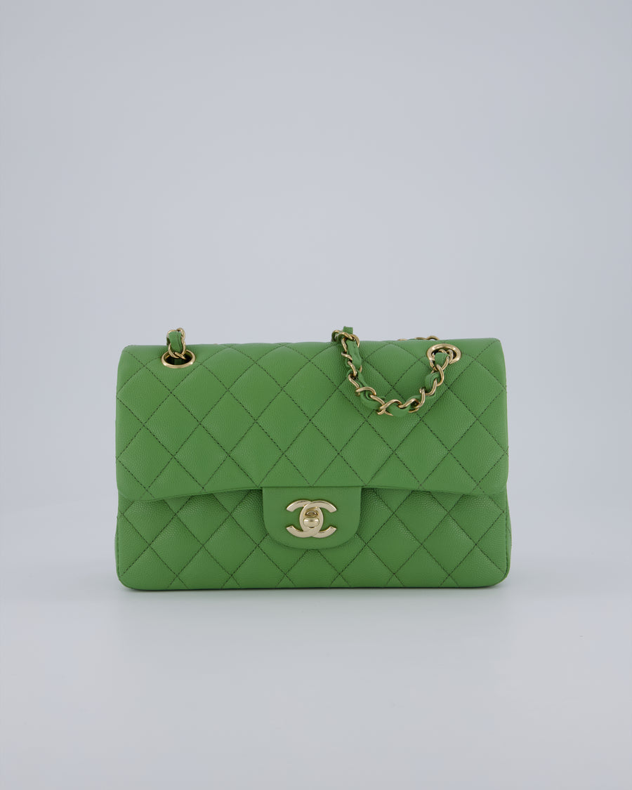 Chanel Apple Green Small Classic Double Flap Bag in Caviar Leather with Champagne Gold Hardware