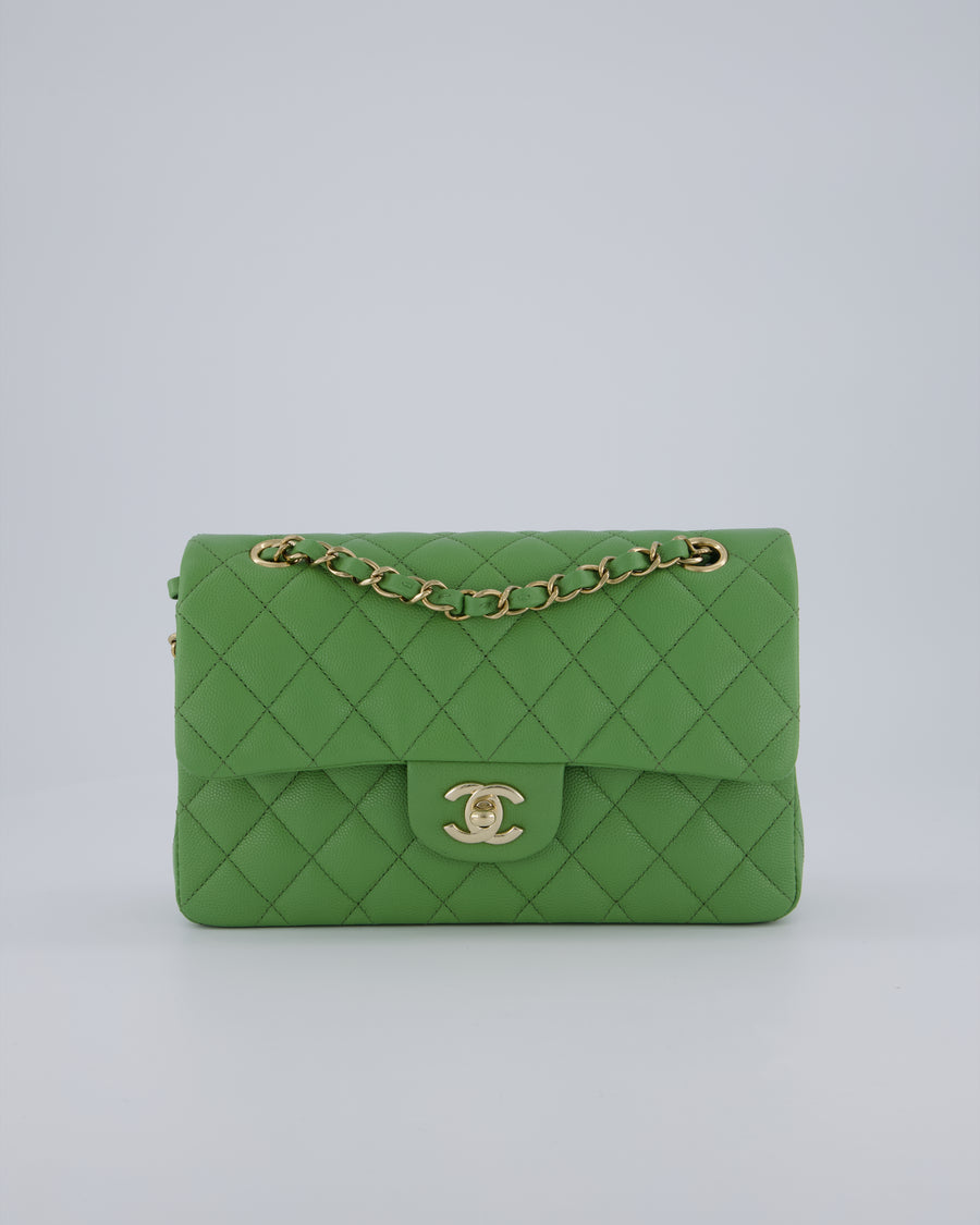 Chanel Apple Green Small Classic Double Flap Bag in Caviar Leather with Champagne Gold Hardware