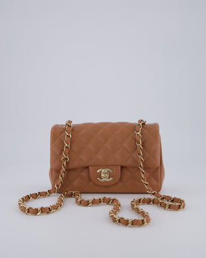 *HOT* Chanel Caramel Mini Rectangular Bag in Lambskin Leather with Champagne Gold Hardware