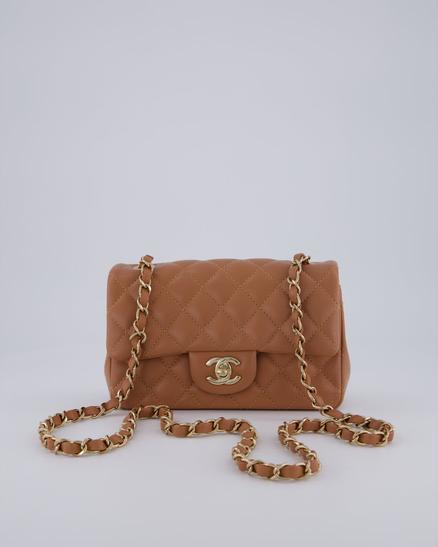 *HOT* Chanel Caramel Mini Rectangular Bag in Lambskin Leather with Champagne Gold Hardware